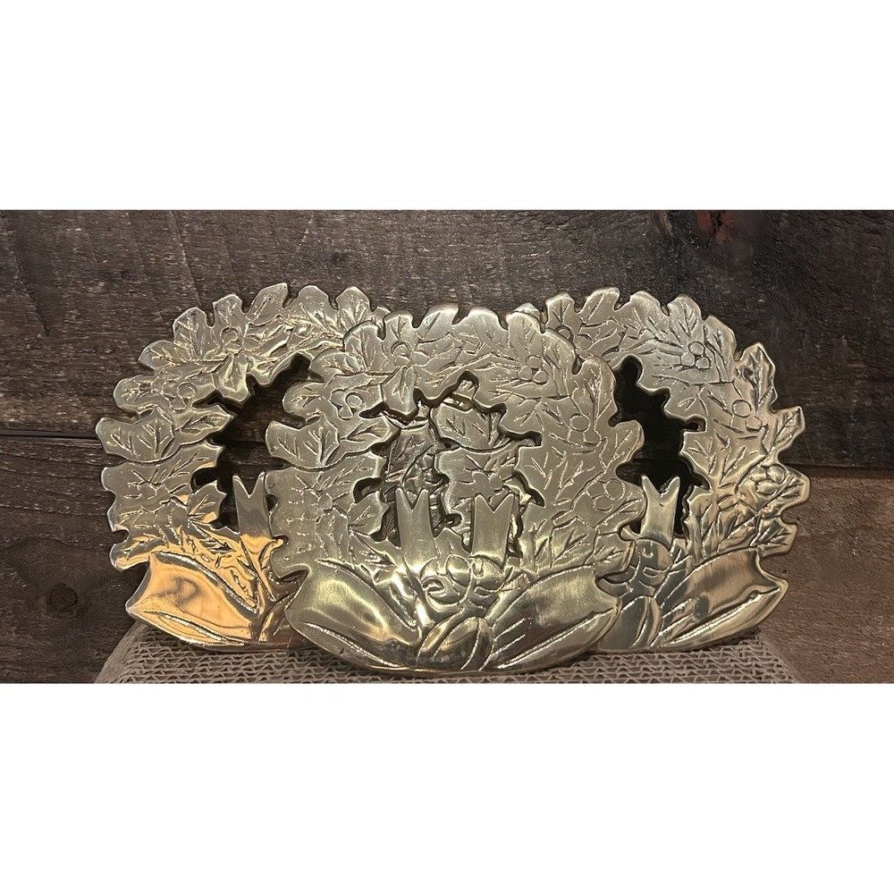 Vintage Brass Christmas Holiday Wreath Trivet‎ Hot Plate Lot Of 3